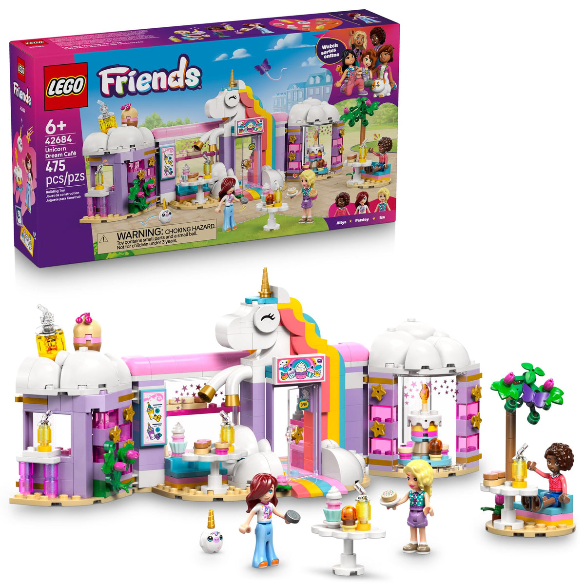 LEGO front view of Unicorn Dream Café showing colorful façade and signage, playful display