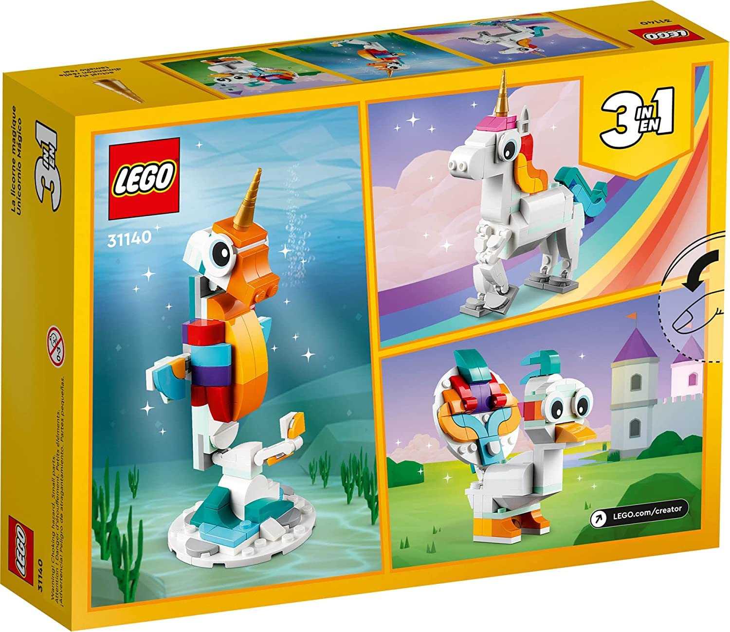 LEGO unicorn on rainbow stand posed rearing, brand display-ready and colorful