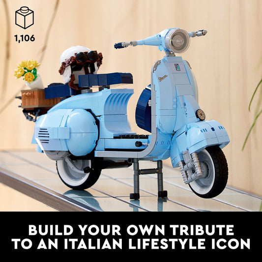 LEGO Vespa 125 model side view highlights classic silhouette for shelves.