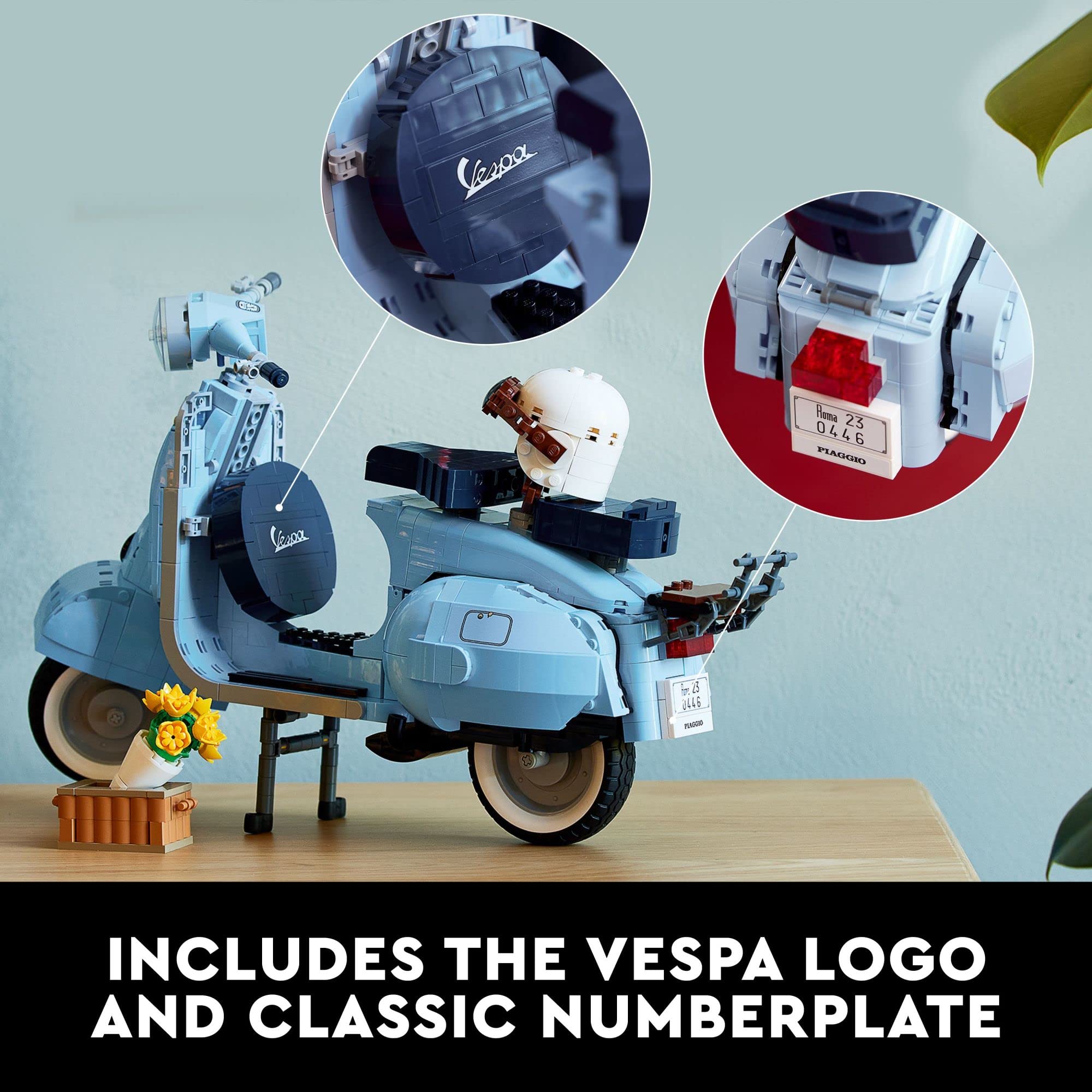 LEGO Vespa 125 logo and license plate add authentic vintage charm.