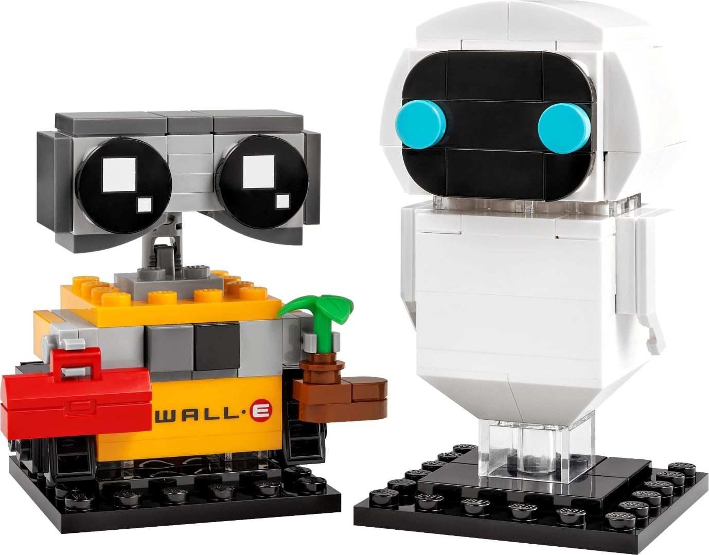 Close-up of LEGO Wall-E and Eve BrickHeadz figures for collectors.