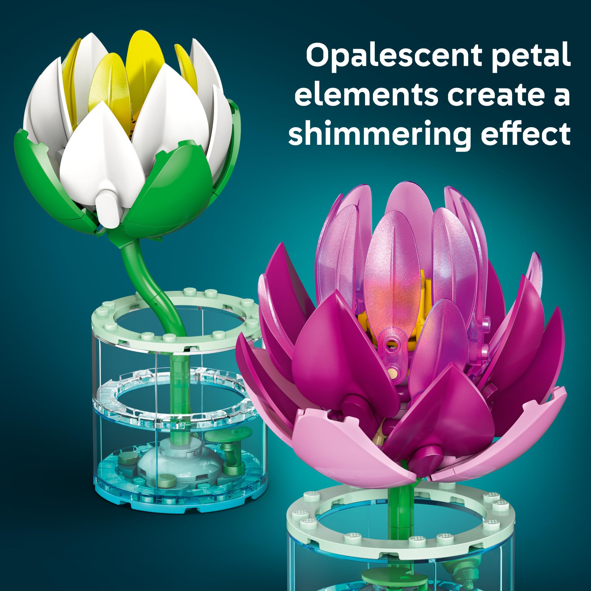 LEGO pink water lily detail showing adjustable petals and vibrant color contrast