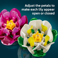 LEGO stem and connector close-up showing sturdy build and adjustable petal hinges
