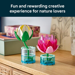 LEGO transparent vase elements demonstrating blue-to-clear water illusion, decorative effect