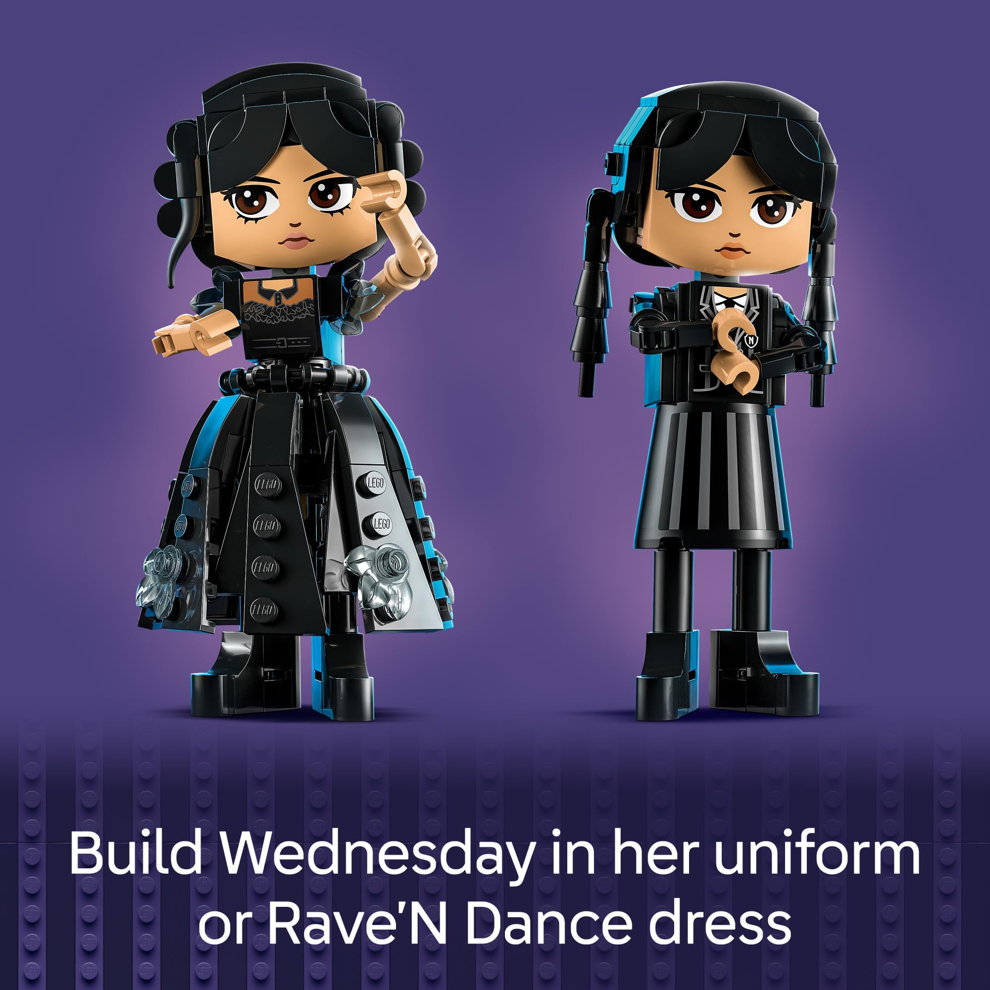 LEGO Wednesday Addams figure in raven-dance-dress for iconic scene recreations.