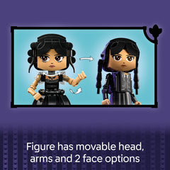 LEGO Wednesday Addams figure stand with secret drawers for treasure storage.