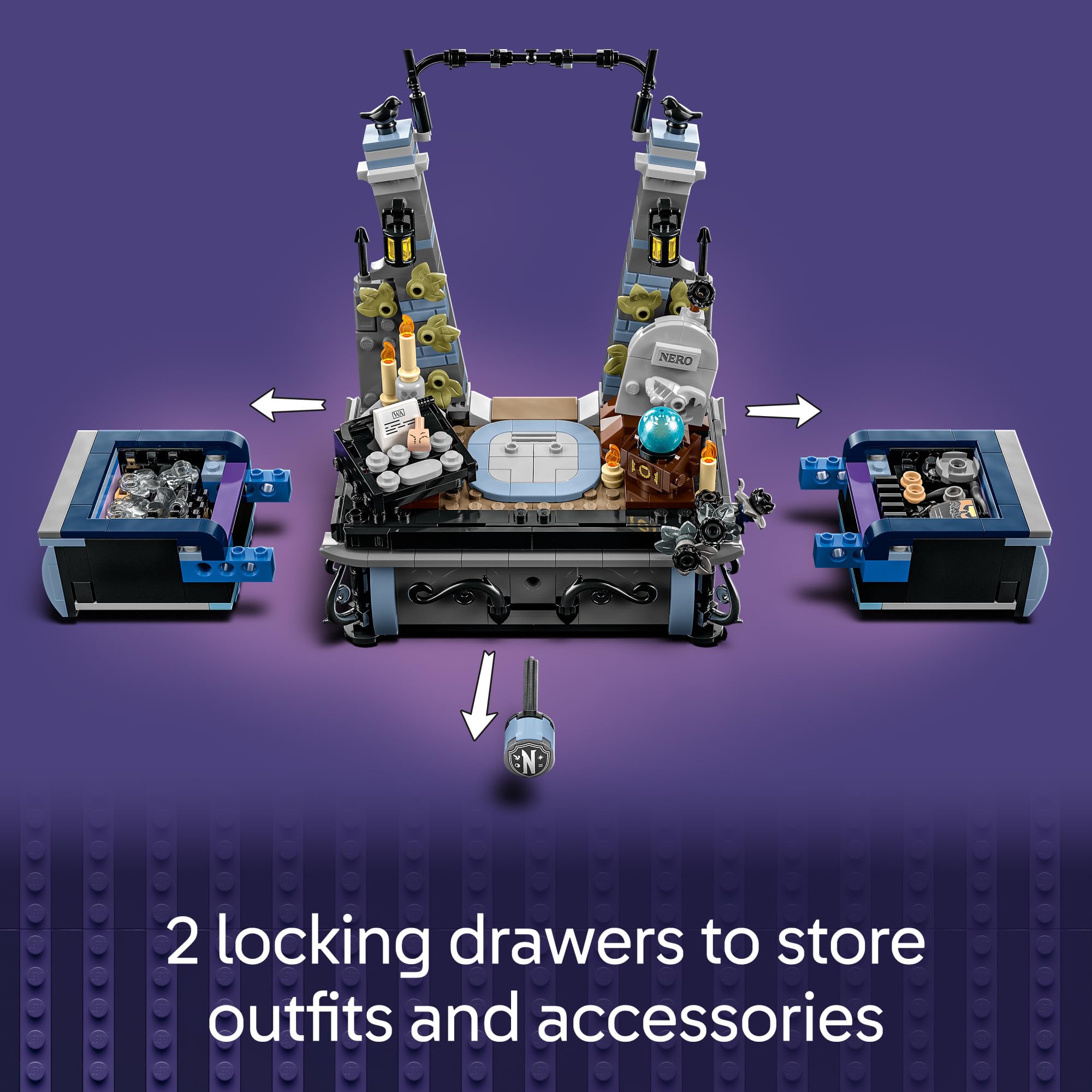 LEGO Wednesday Addams figure with typewriter and accessories for storytelling prompts.