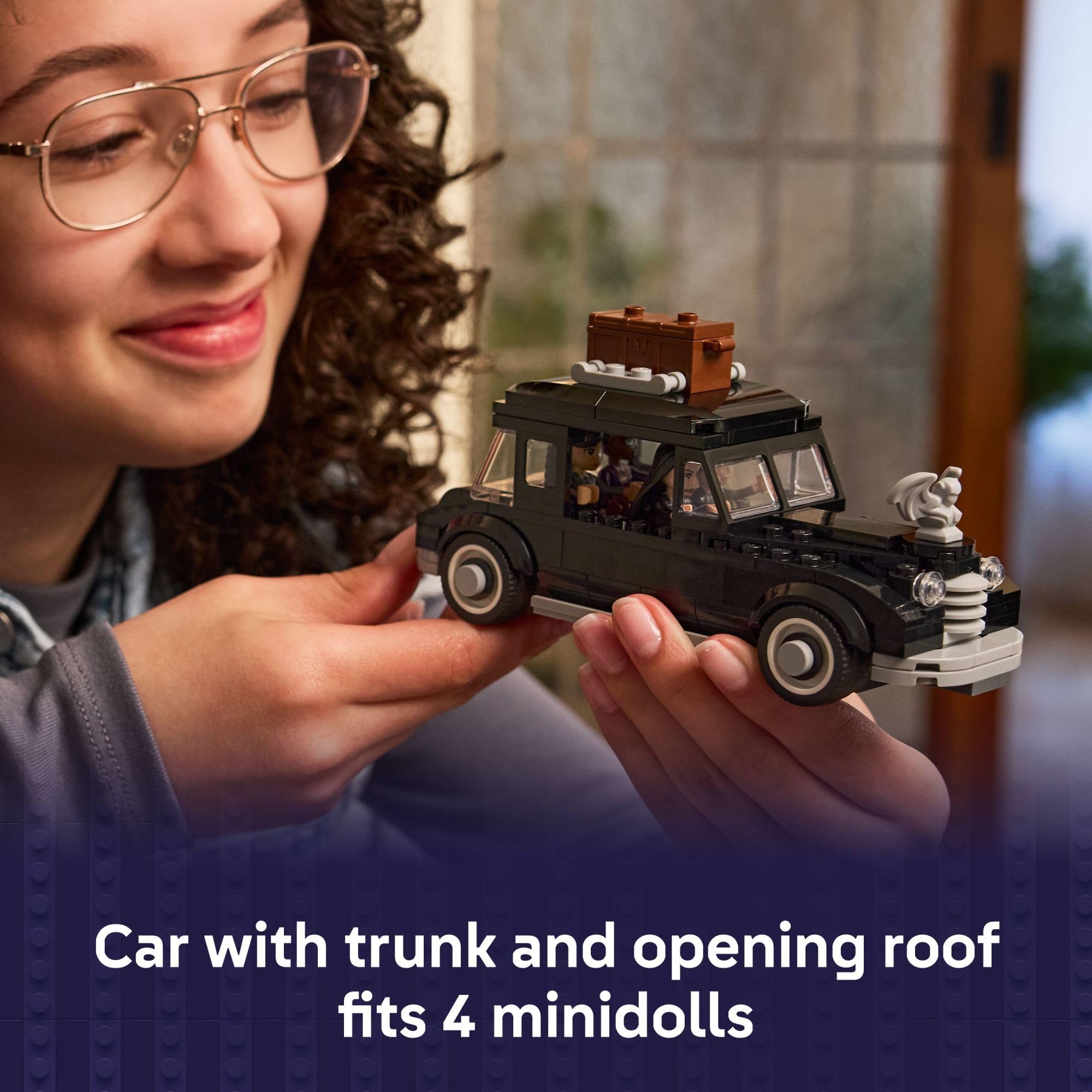 LEGO Wednesday cottage car enables on-the-move detective adventures near Nevermore campus.