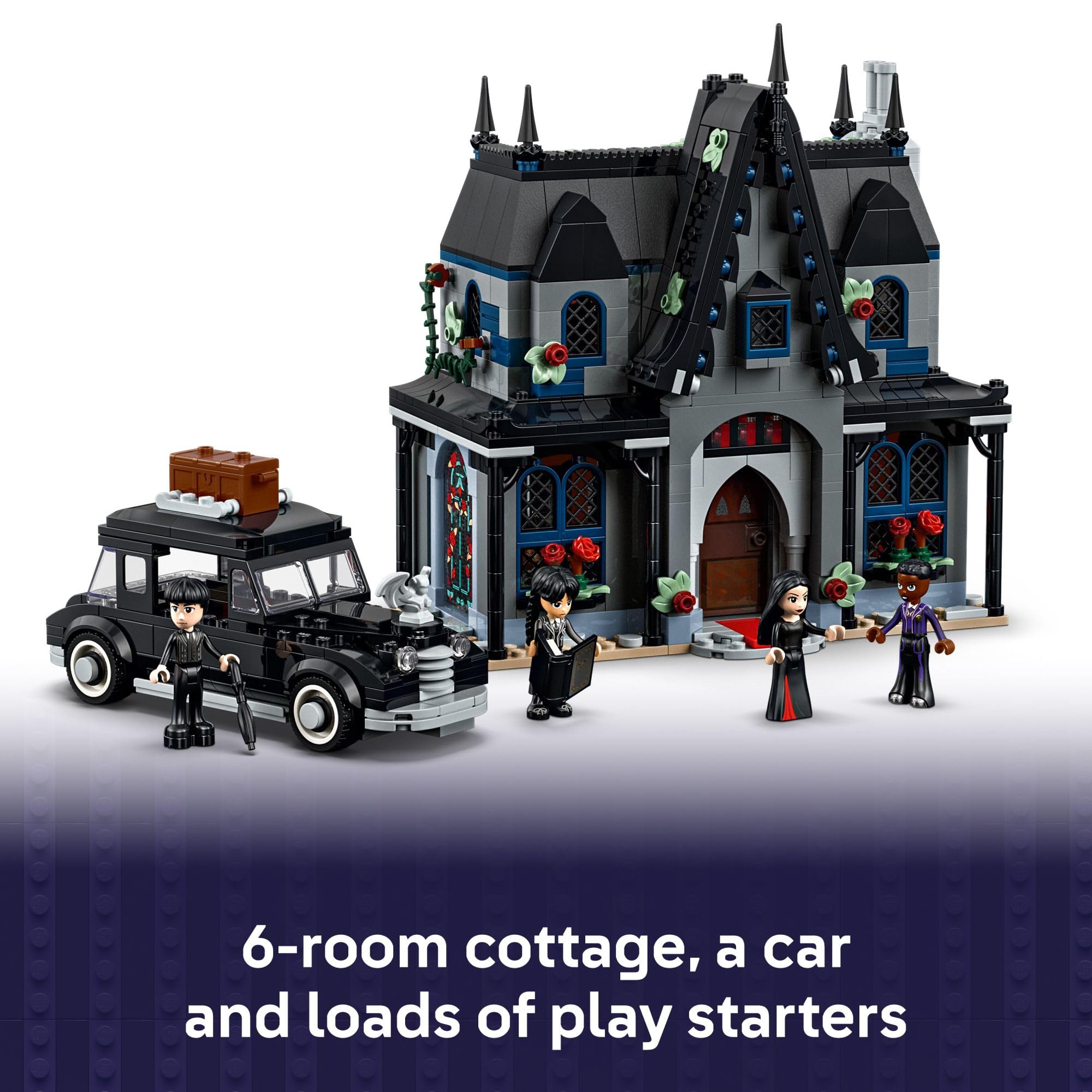 LEGO Wednesday minidolls bring Wednesday, Morticia, Bianca Barclay, and Lurch to life for adventures.