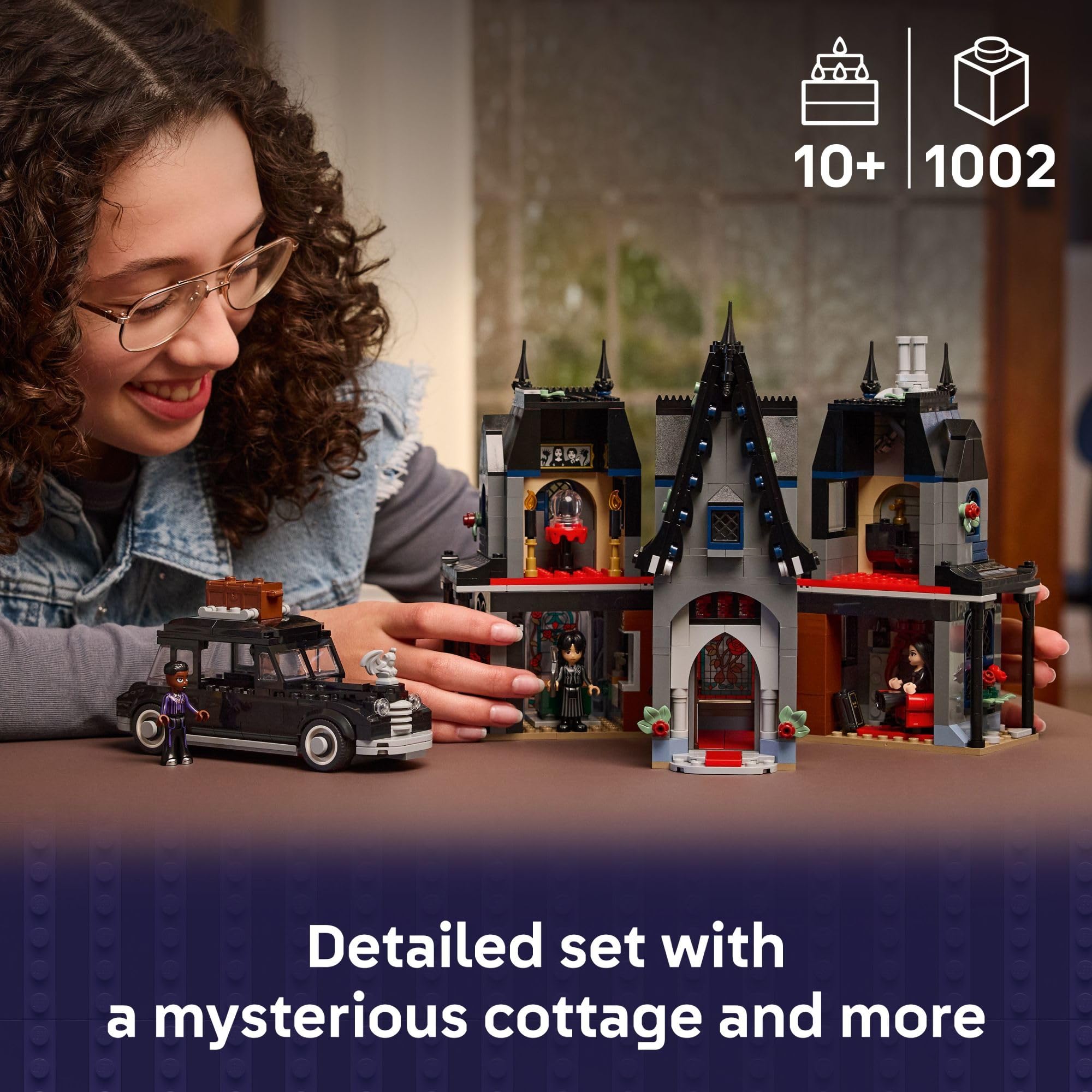 LEGO Wednesday Morticia's Cottage interior with kitchen and fireplace enables imaginative scenes.