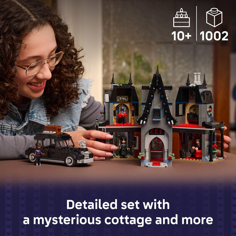 LEGO Wednesday Morticia's Cottage interior with kitchen and fireplace enables imaginative scenes.