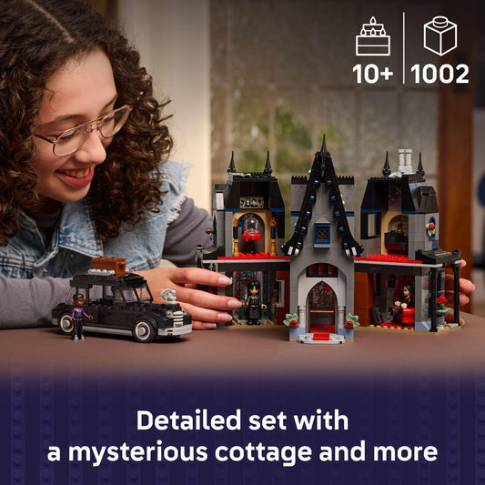 LEGO Wednesday Morticia's Cottage interior with kitchen and fireplace enables imaginative scenes.