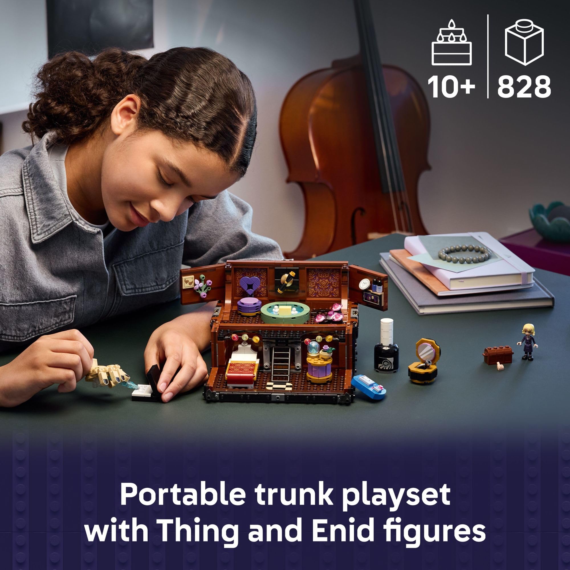 LEGO Wednesday Thing’s Apartment trunk inside bed chair hat highlights cozy space fueling storytelling adventures.