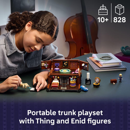 LEGO Wednesday Thing’s Apartment trunk inside bed chair hat highlights cozy space fueling storytelling adventures.