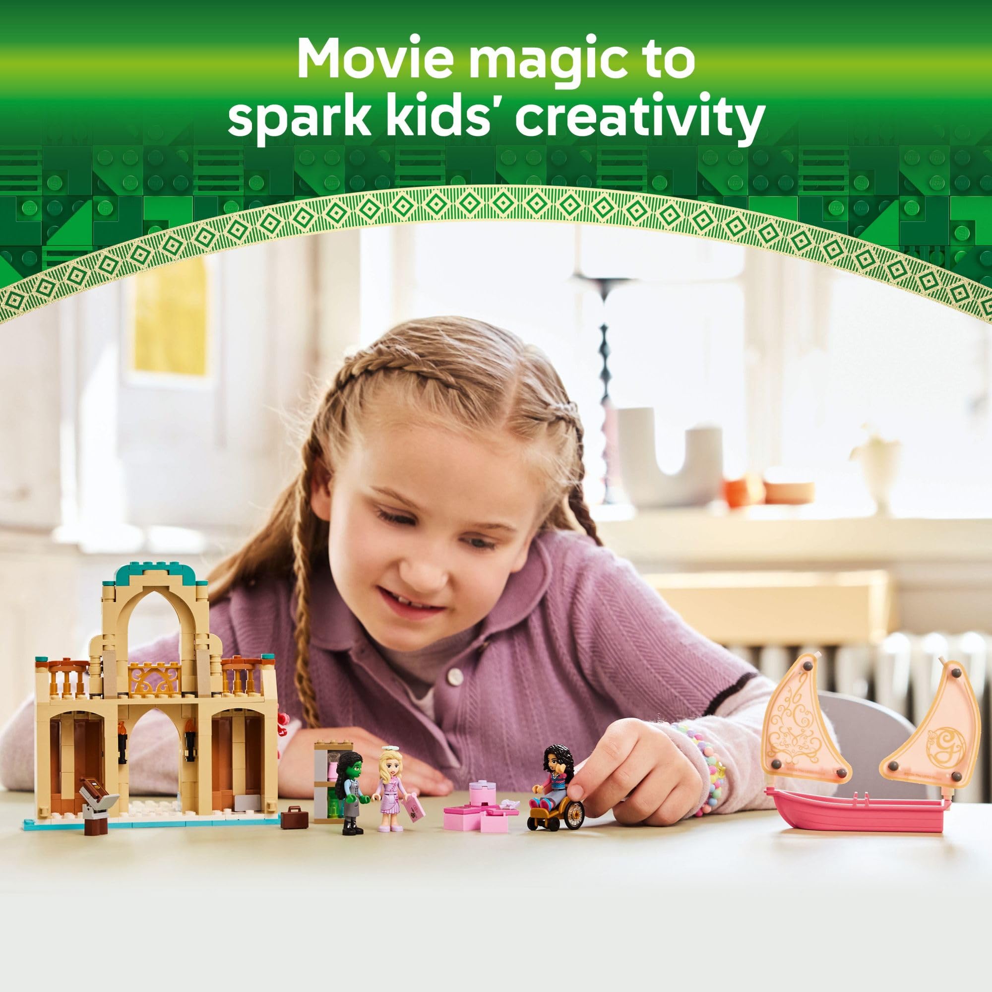 LEGO Wicked two‑story setup enables layered storytelling and imaginative architecture.
