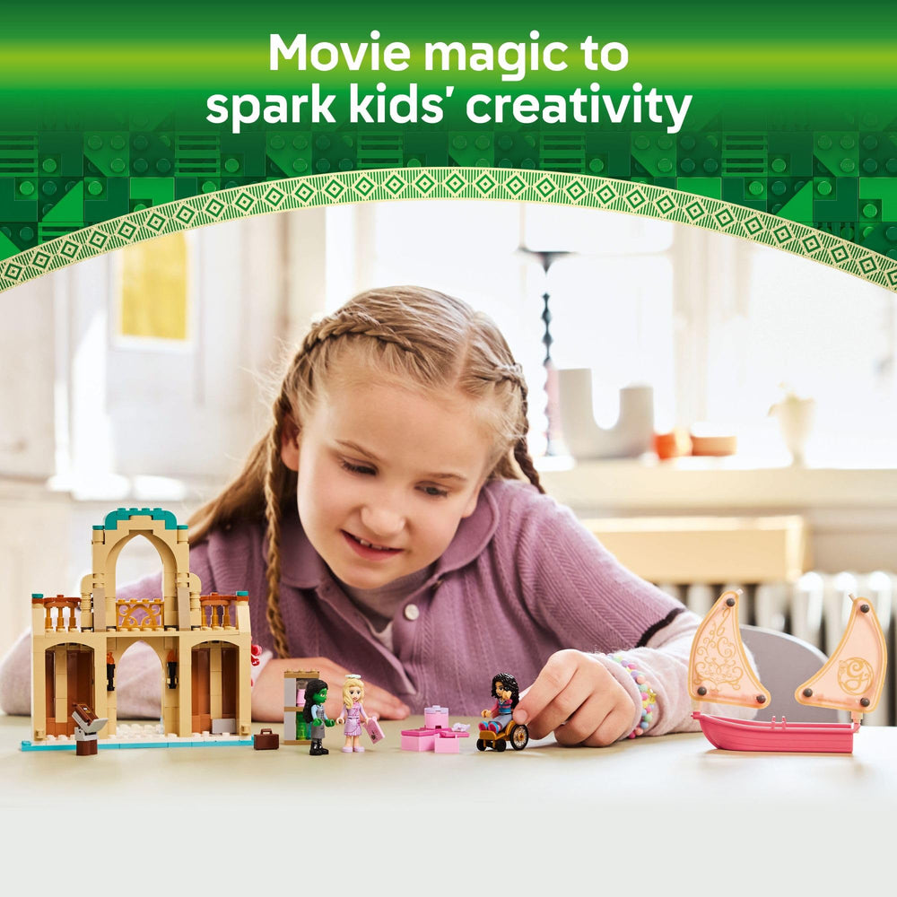 LEGO Wicked two‑story setup enables layered storytelling and imaginative architecture.