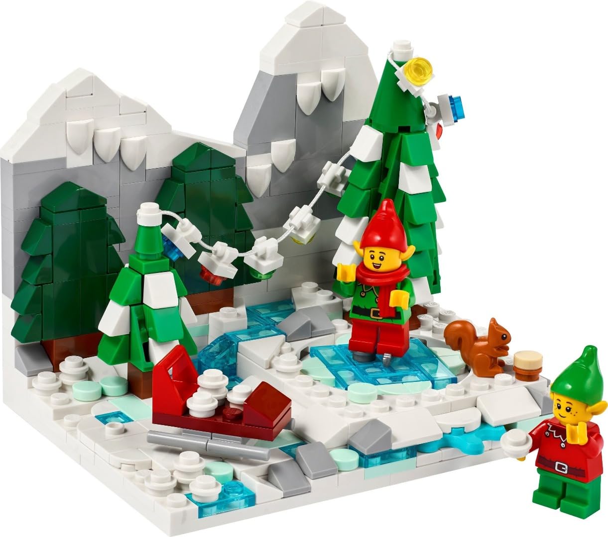 LEGO Winter Elves Scene brick trees with lights create a cozy holiday display and play setup.