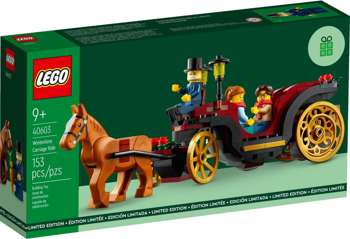 LEGO Wintertime Carriage Ride front view highlights festive design for holiday displays