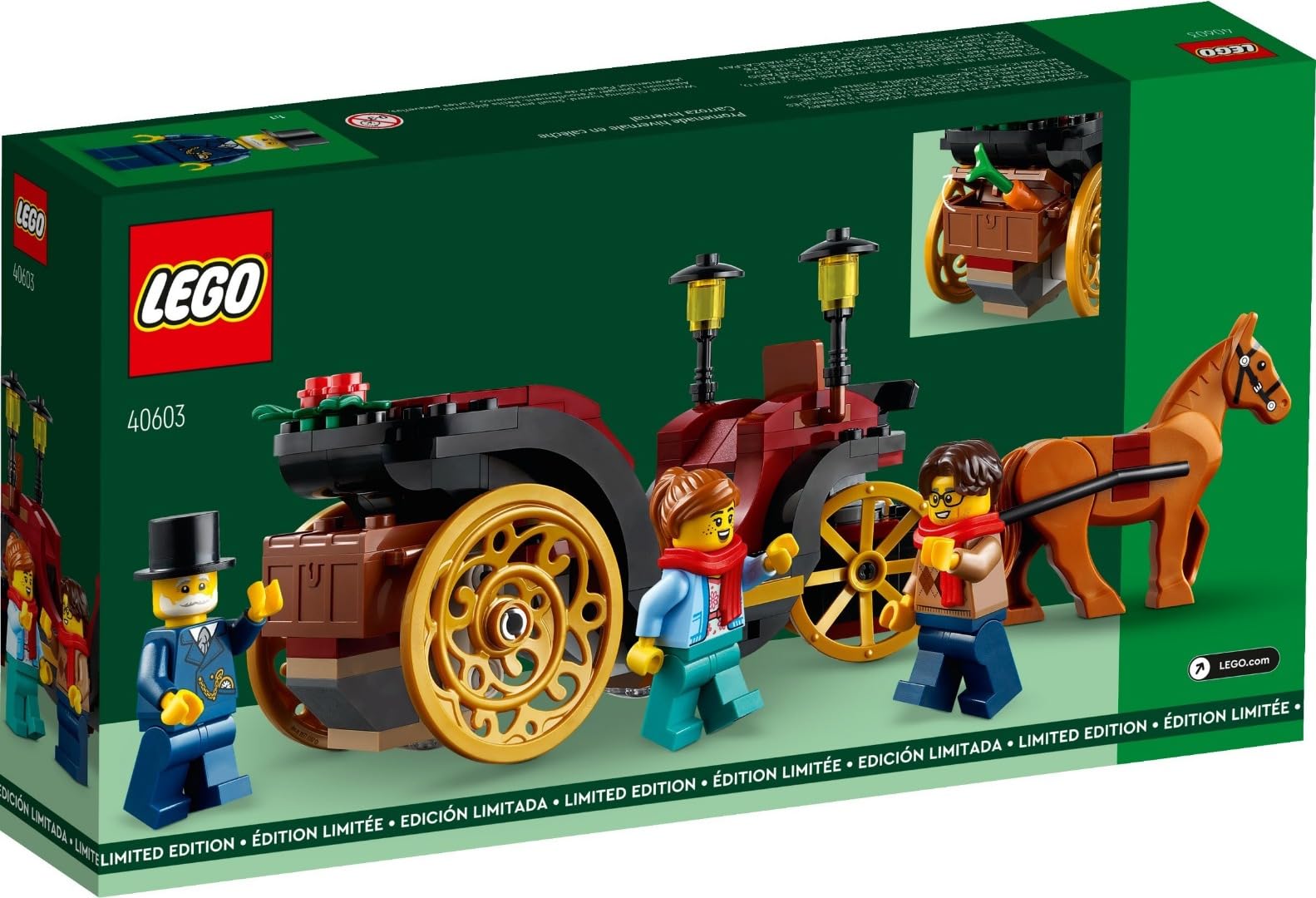 LEGO Wintertime Carriage Ride interior detail highlights dark red seats and trunk storage