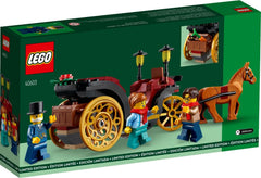 LEGO Wintertime Carriage Ride interior detail highlights dark red seats and trunk storage