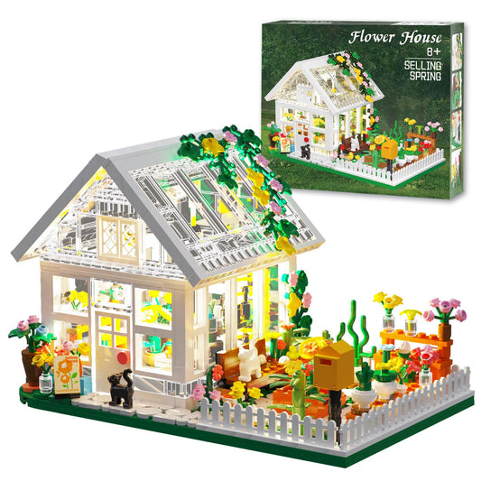 LEGPS YYDS Flower House with LED light illuminates cozy nighttime displays.