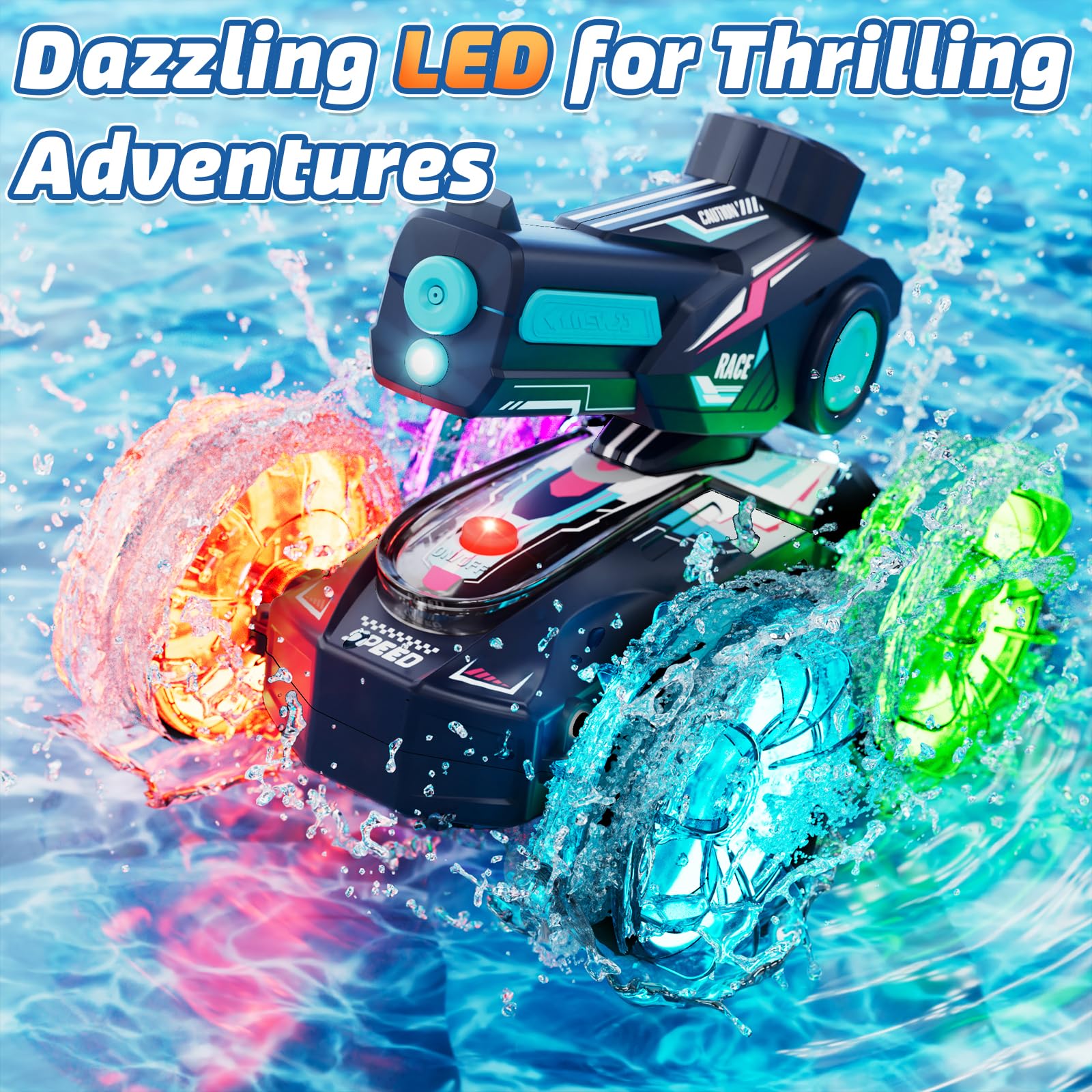 Lehoo Castle Amphibious RC Car lights on for night play