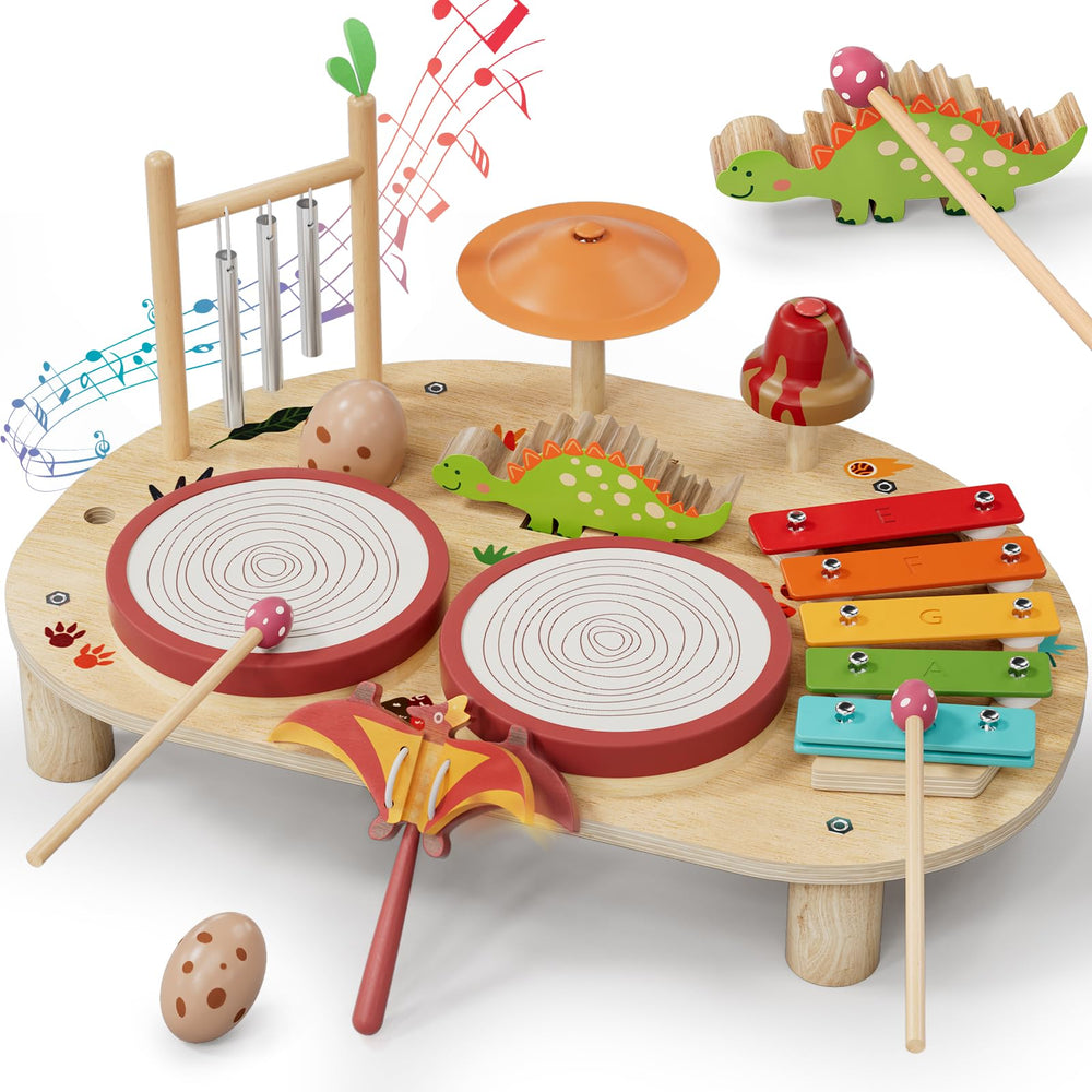 Lehoo Castle baby drum set top view showing 8-in-1 wooden instruments for sensory play.
