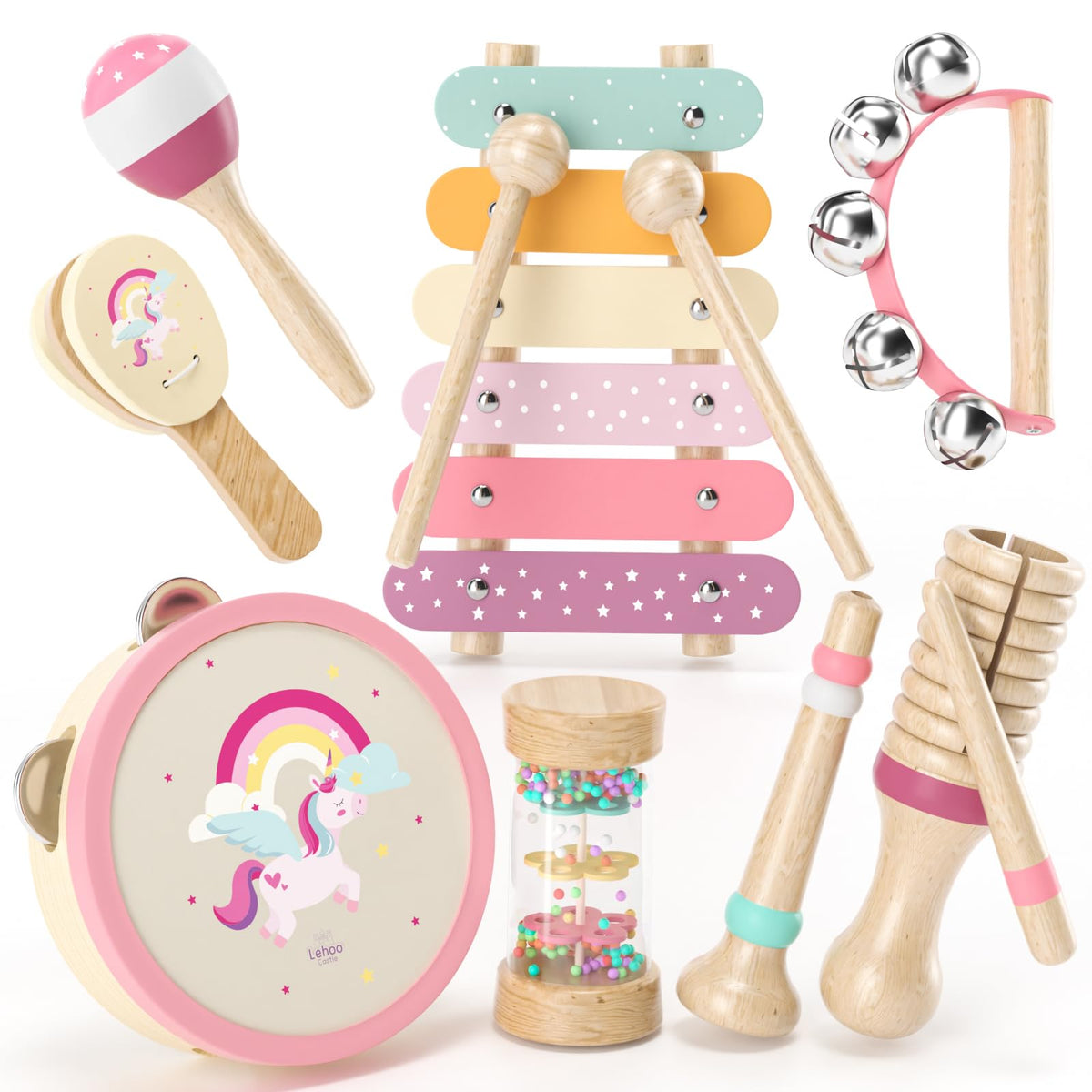 Lehoo Castle xylophone pink for toddlers, gentle tones support rhythm learning and hand-eye coordination.