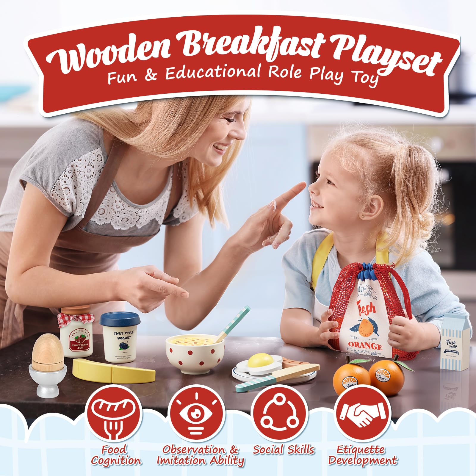 Lehoo Castle wooden egg and toast set for realistic kitchen pretend play