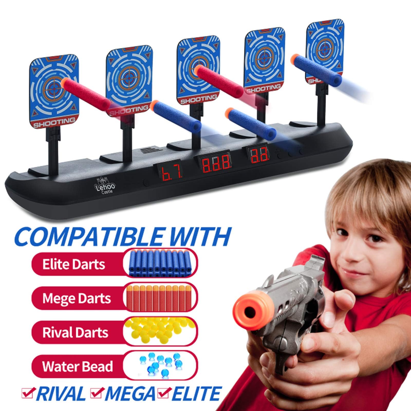 Lehoo Castle includes 20 darts and wristbands for shared play.
