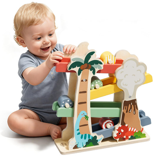 Lehoo Castle dinosaur car ramp in action, perfect for toddler racing play.
