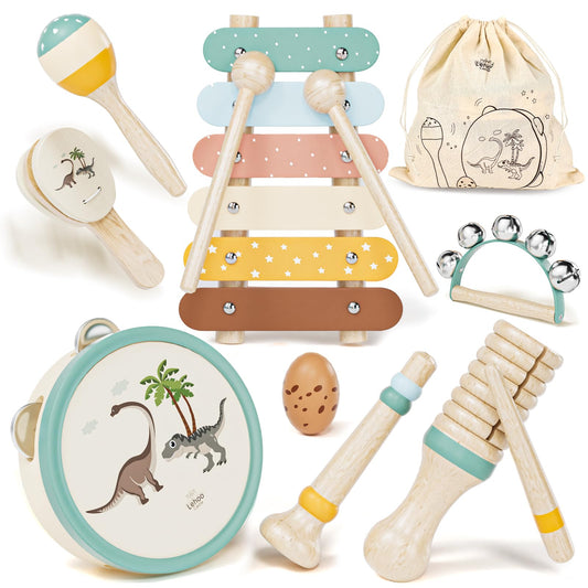 Lehoo Castle dinosaur-themed instrument set enriches preschool play with adventurous rhythm exploration.