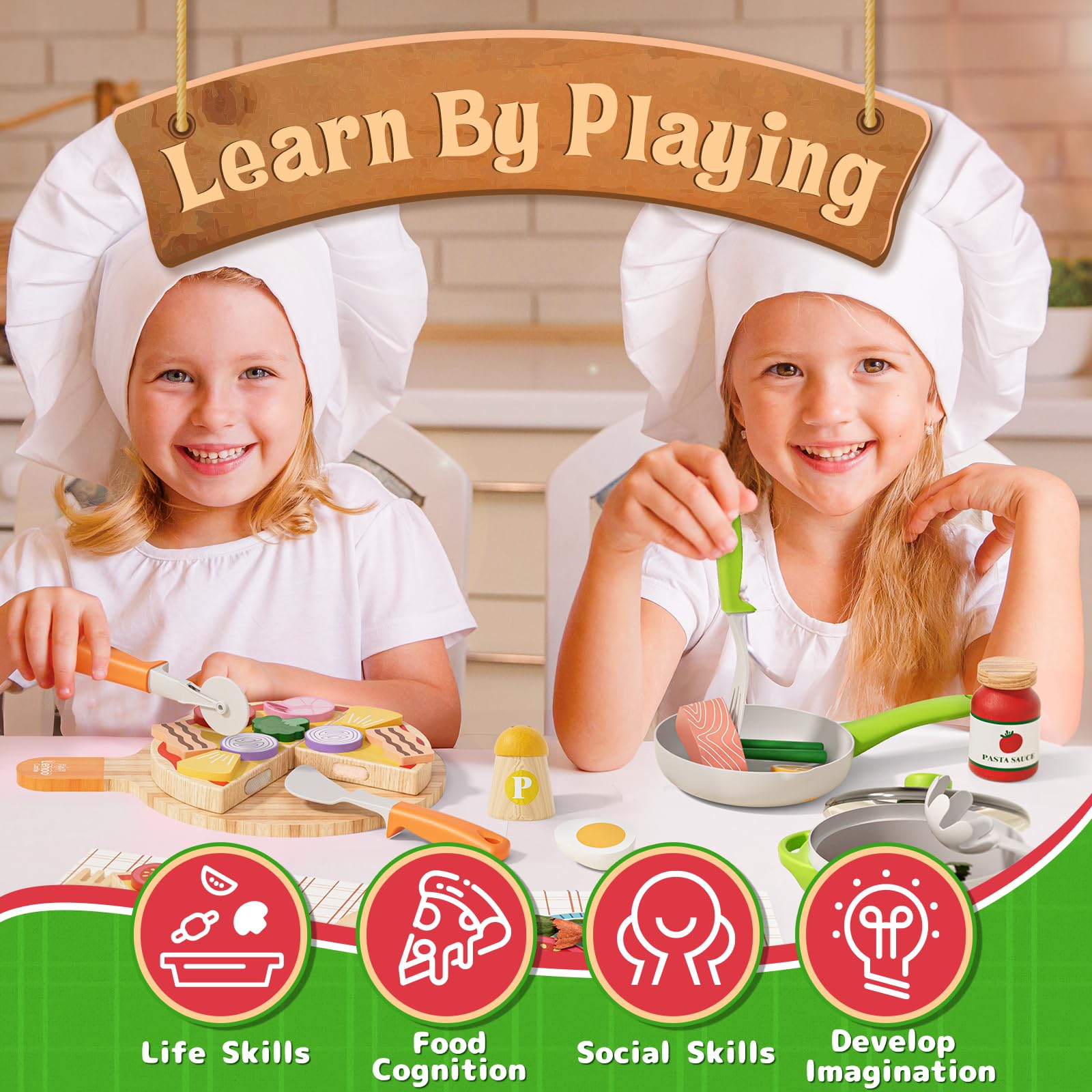 Lehoo Castle dishes and kitchen tools complete a kid-sized play kitchen
