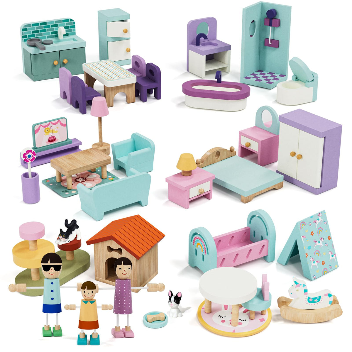 Lehoo Castle bedroom setup with wooden furniture for imaginative play.