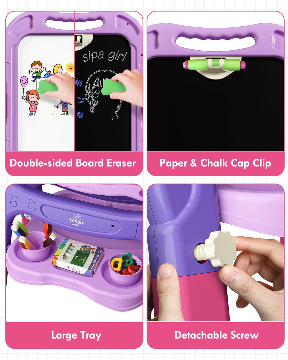 Lehoo Castle Easel chalk and markers enable versatile art sessions.