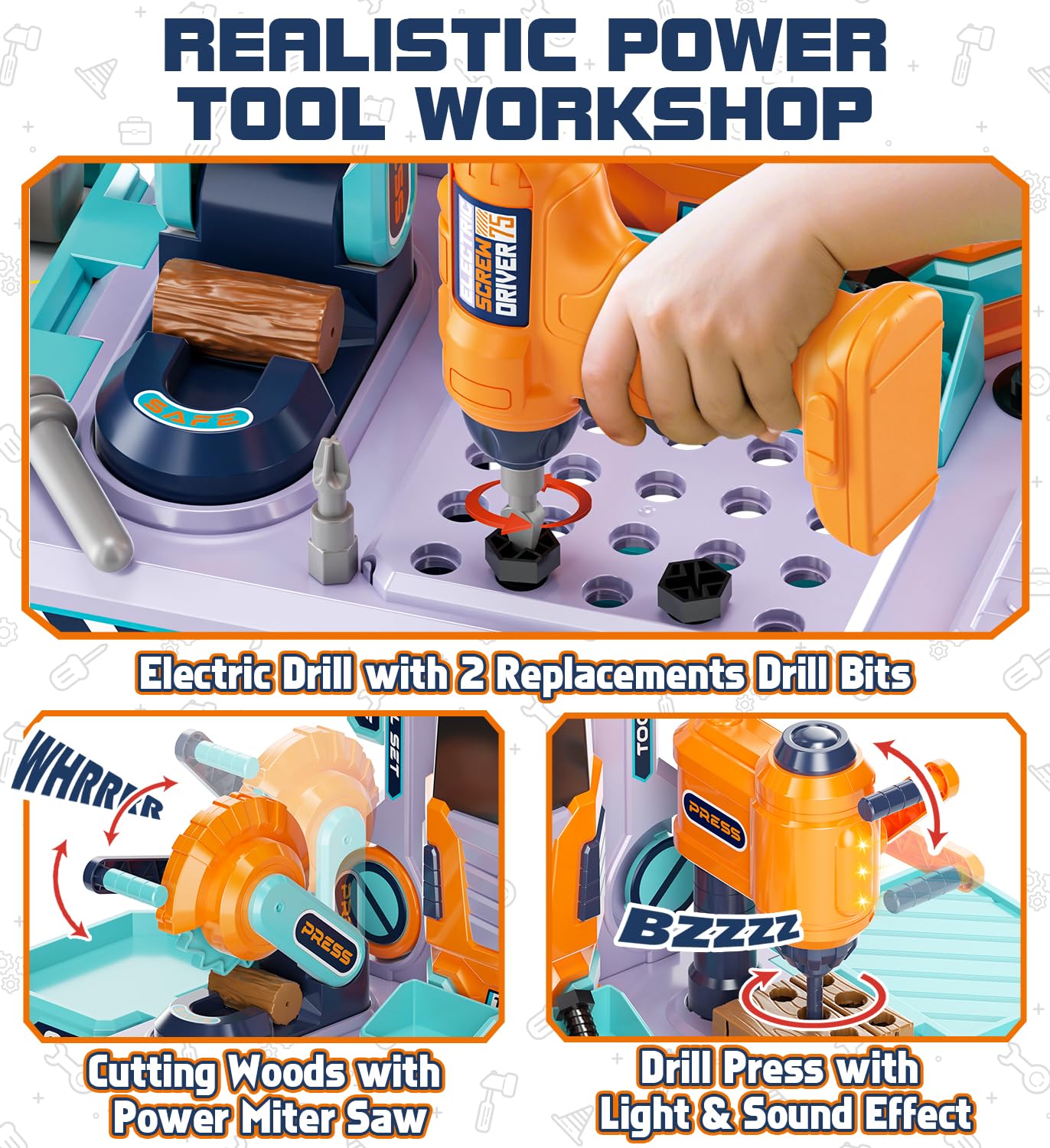 Lehoo Castle electric drill action with flashing lights enhances pretend construction fun.
