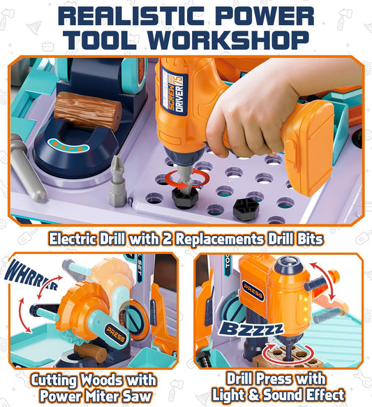 Lehoo Castle electric drill action with flashing lights enhances pretend construction fun.