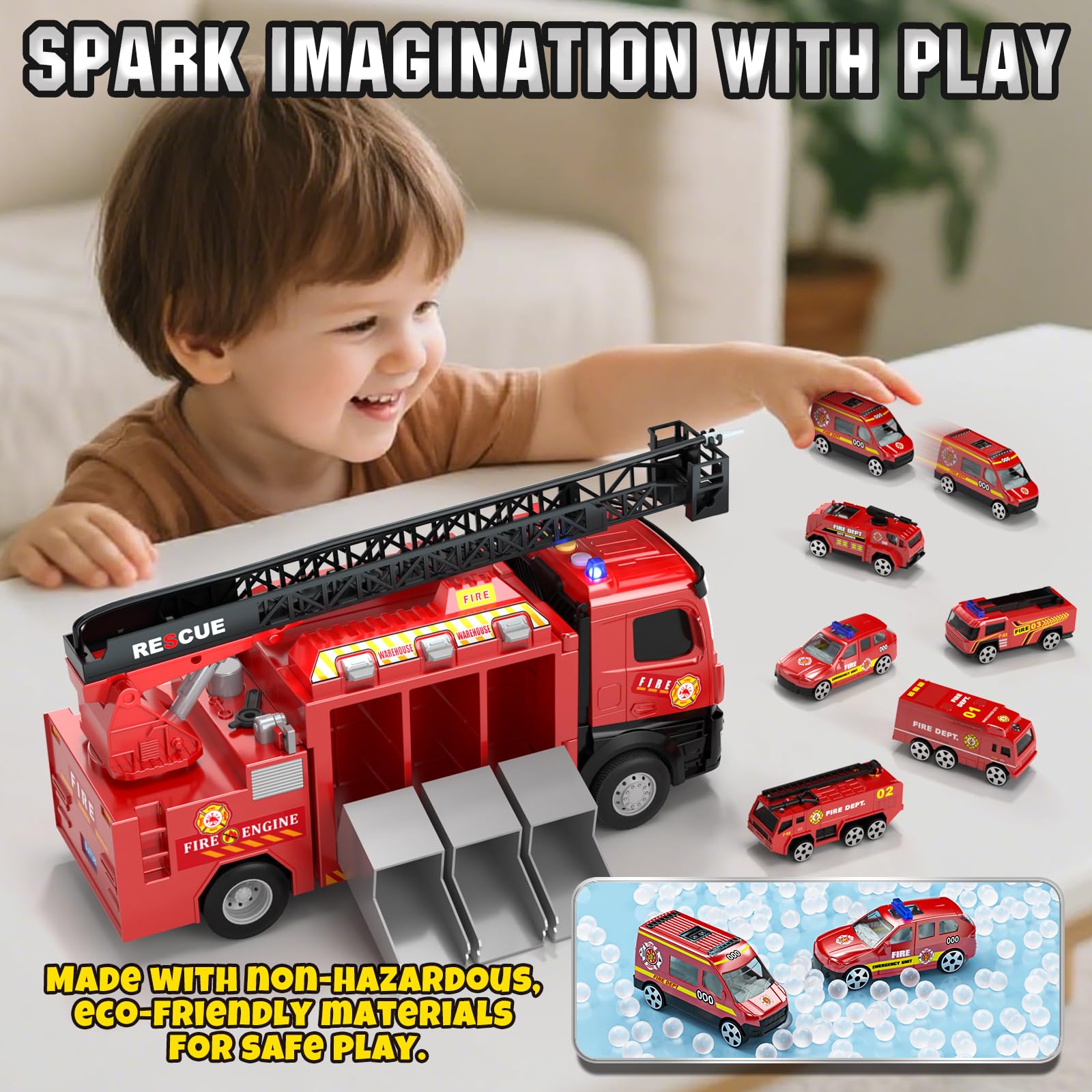 Lehoo Castle fire truck launching action for energetic indoor or outdoor play.