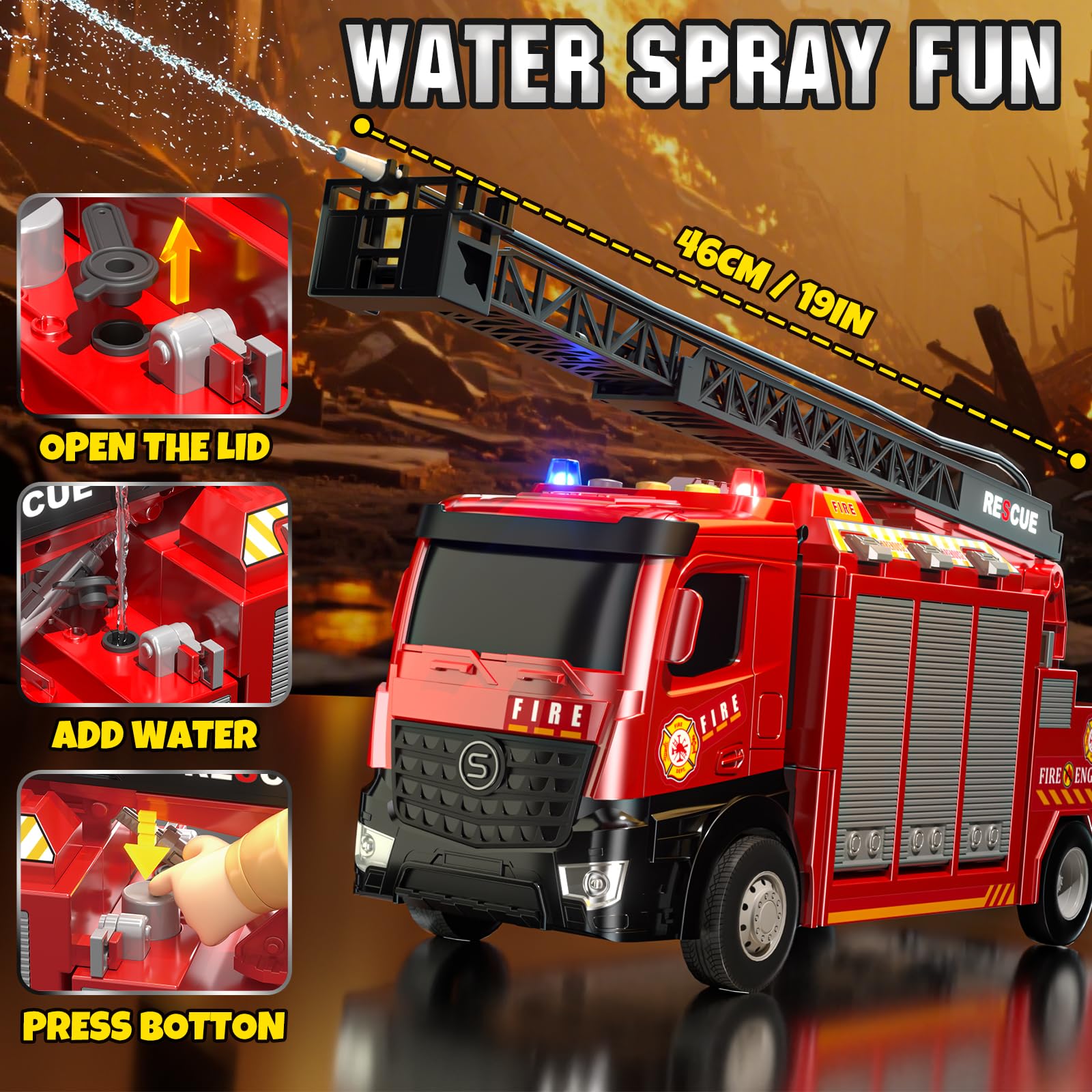 Lehoo Castle fire truck includes six mini vehicles for collaborative pretend play.