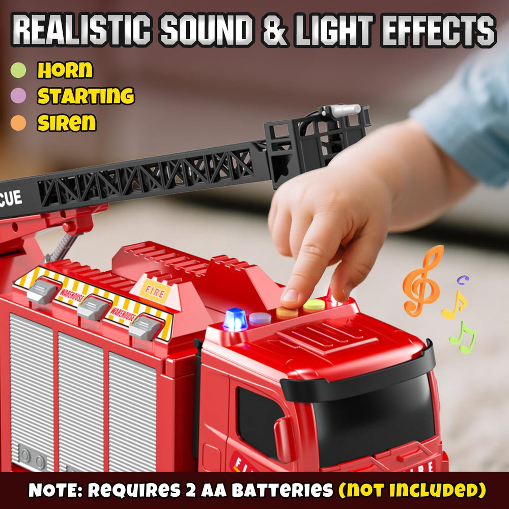 Lehoo Castle fire truck with rotating ladder enhances imaginative rescue scenarios.