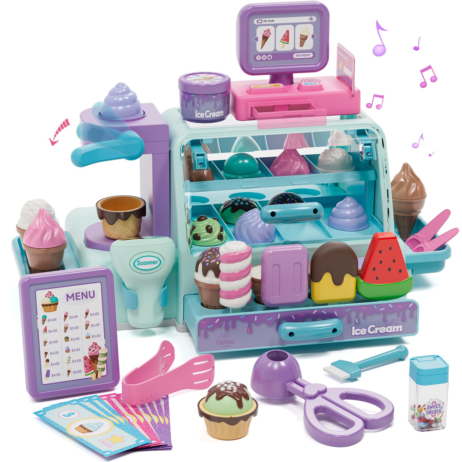 Lehoo Castle ice cream counter playset for imaginative pretend play and colorful flavors.