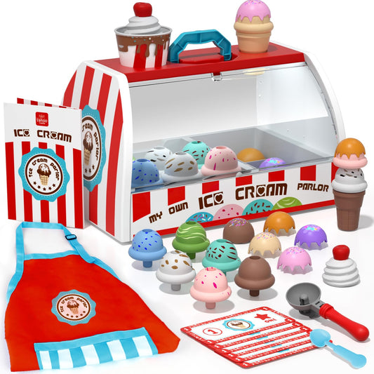 Lehoo Castle ice cream counter playset in vibrant colors promoting imaginative play and motor skills.