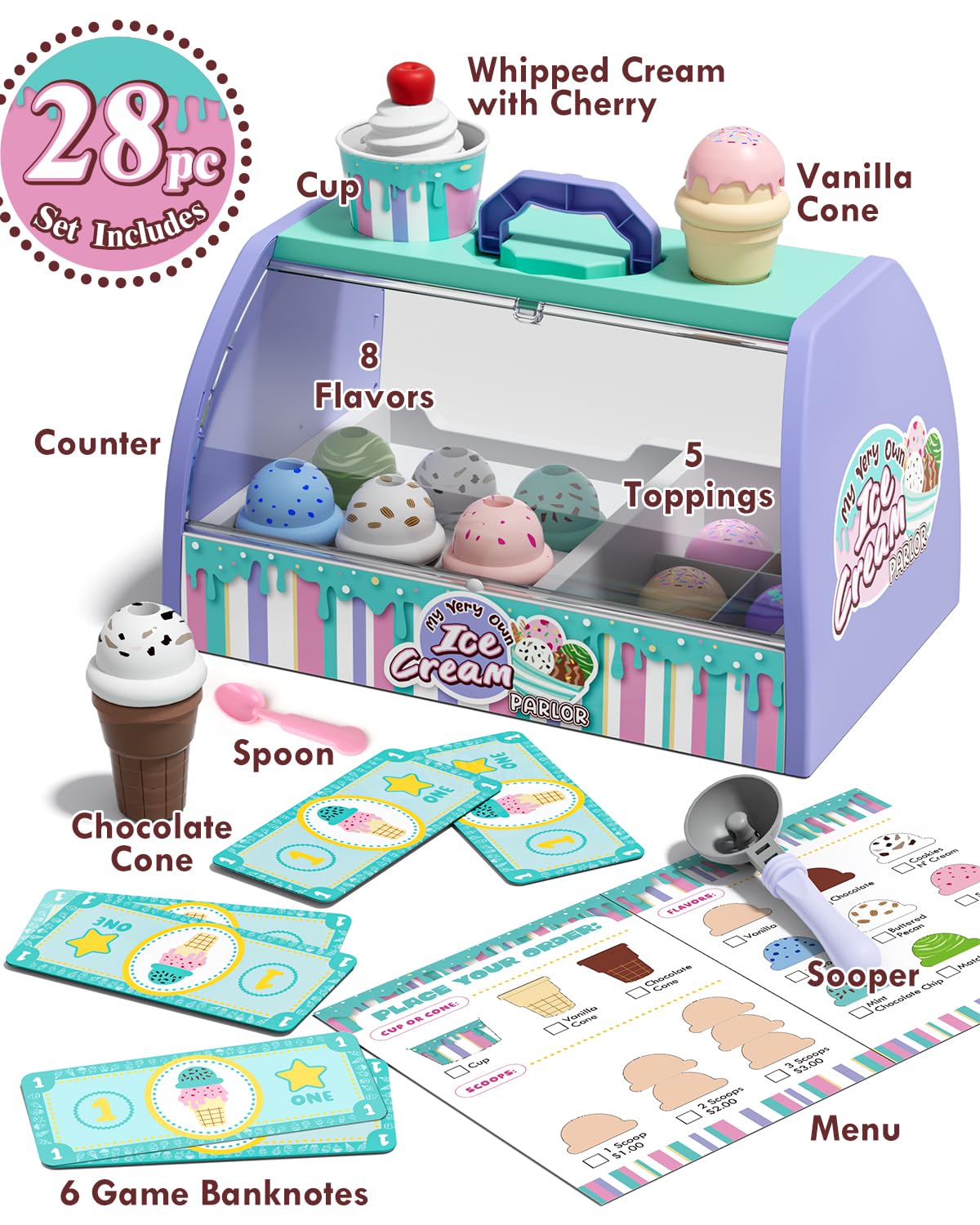 Lehoo Castle ice cream flavors assortment shows colorful options for storytelling and role play.