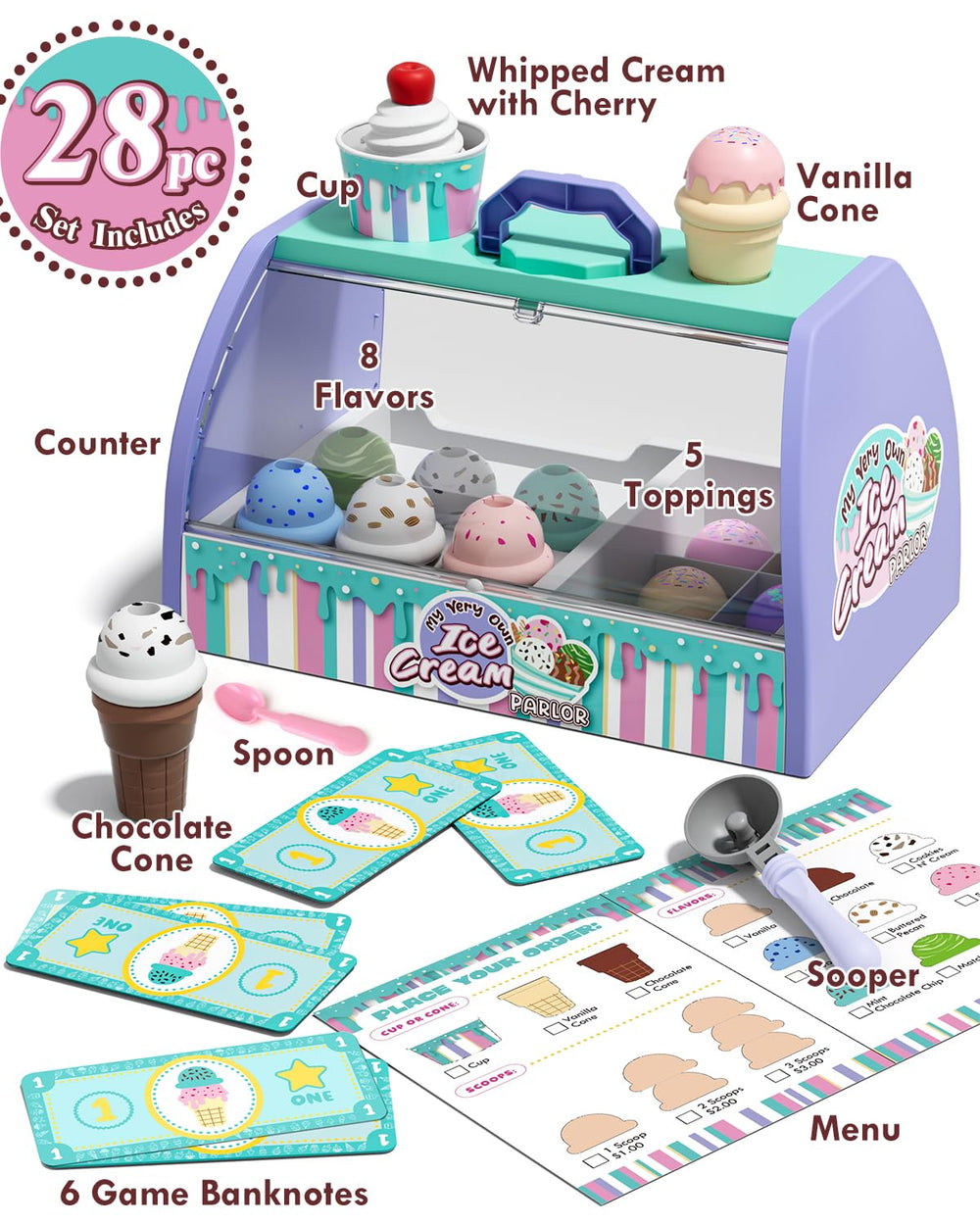 Lehoo Castle ice cream flavors assortment shows colorful options for storytelling and role play.