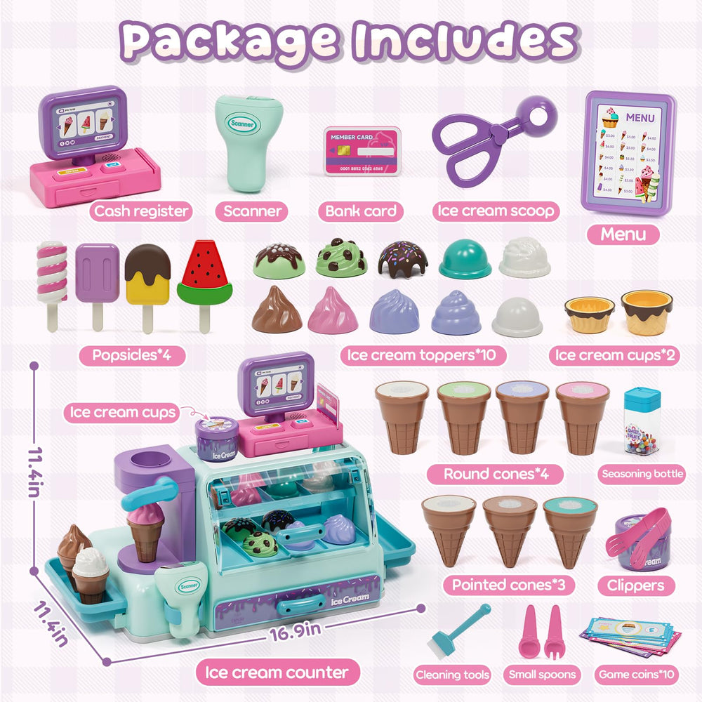 Lehoo Castle ice cream counter with scooper set inspires creative role-play.