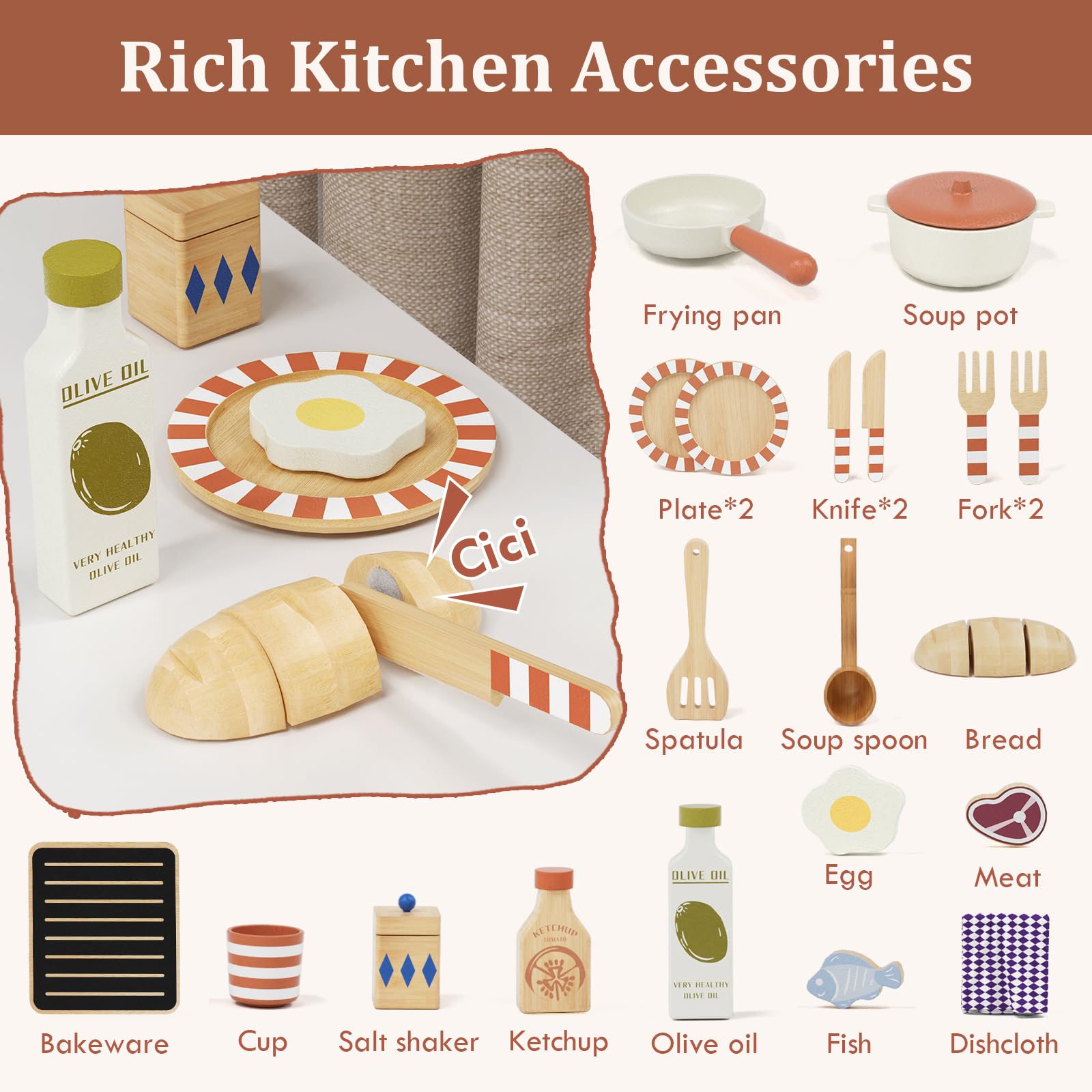 Lehoo Castle pretend food set adds variety to interactive kitchen play sessions.