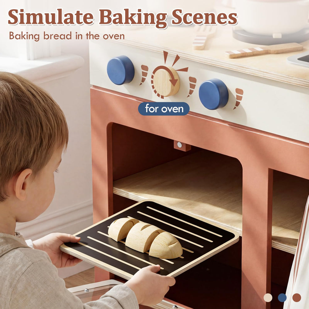 Lehoo Castle play kitchen storage shelves help tidy play space and organize pretend ingredients.