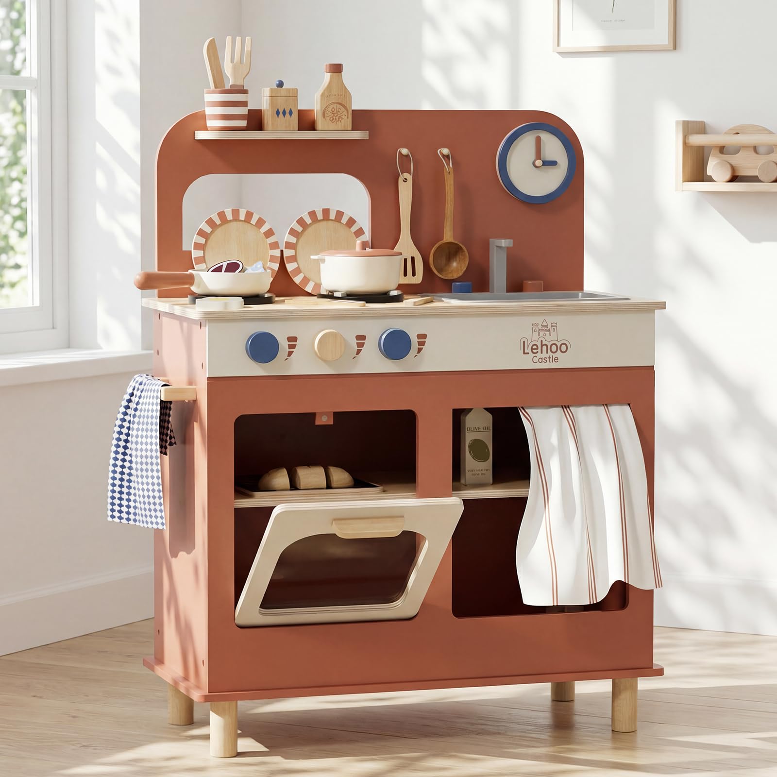 Lehoo Castle play kitchen stove controls encourage imaginative cooking play for toddlers.