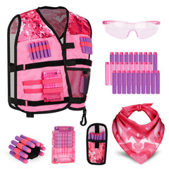 Lehoo Castle pink kids tactical vest front view for Nerf battles and outdoor play