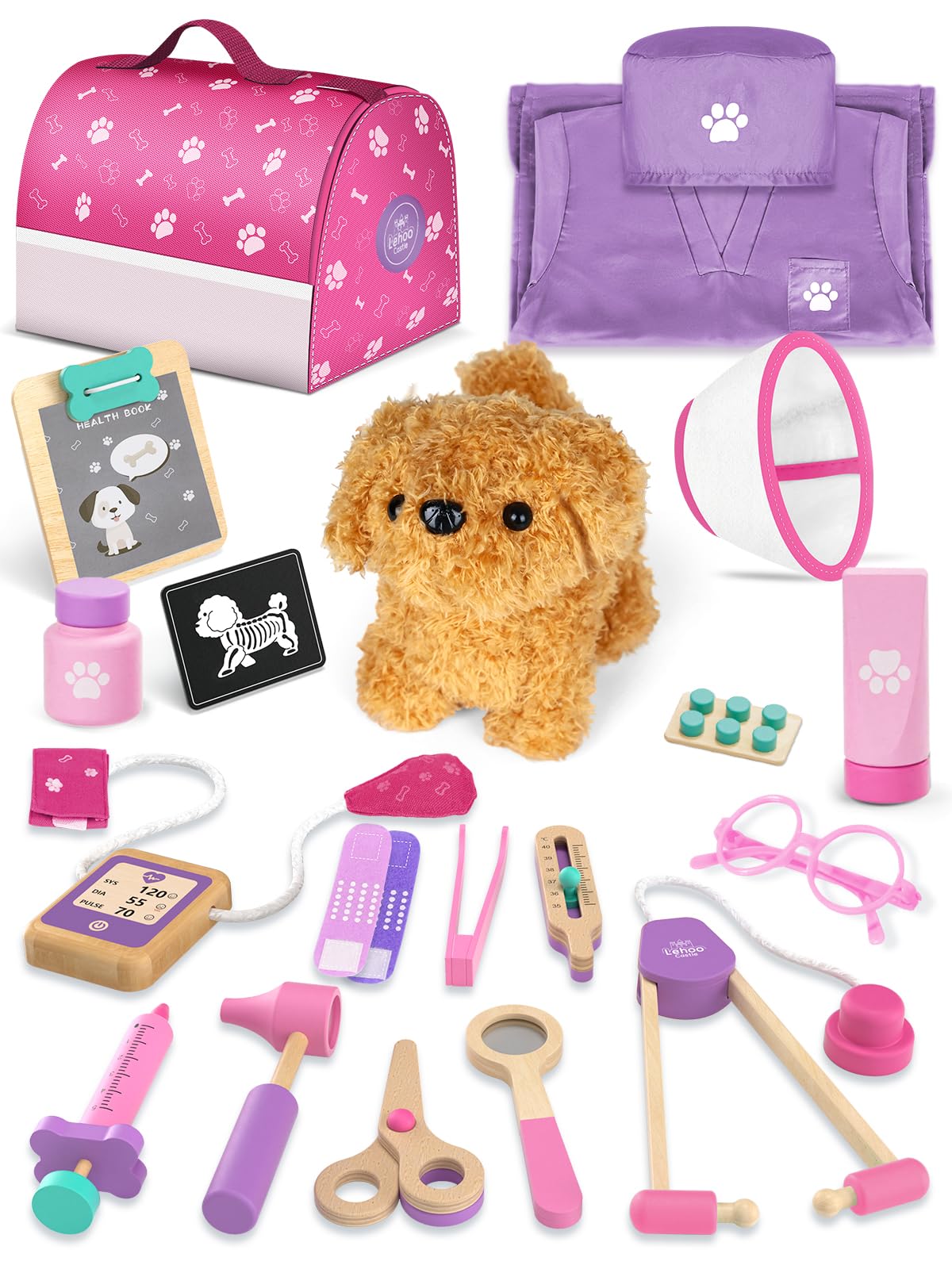 Lehoo Castle pink doctor kit contents for imaginative pretend play and organized storage.